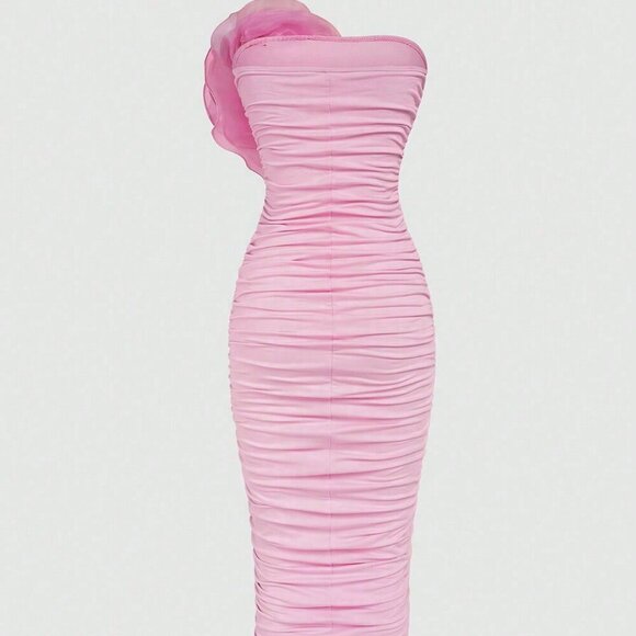 Pink Casual Women's Solid Color Pleated And 3D Flower Decorated Strapless Dress - Picture 2 of 6